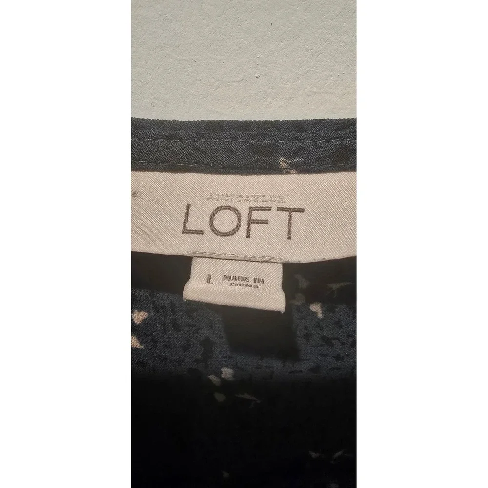 Ann Taylor LOFT Women Large Floral Tie‎ Neck Short Sleeve Blouse Black Navy Top